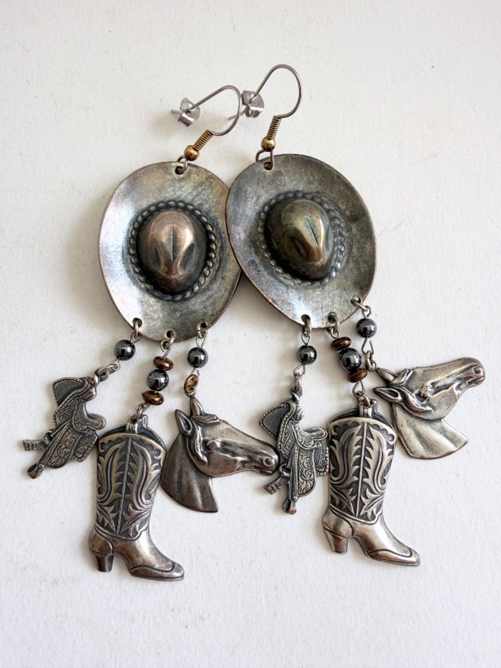 Vintage Western Charm Dangling Hook Earrings Statement Tarnished Silver Tone